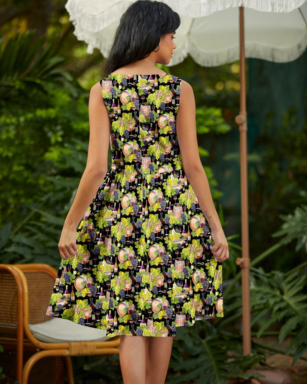 Made in USA. Shop the Wine Vintage Dress by Retrolicious in 100% cotton, with a high neckline, longer full skirt and hidden pockets. Sizes XS–4X.
