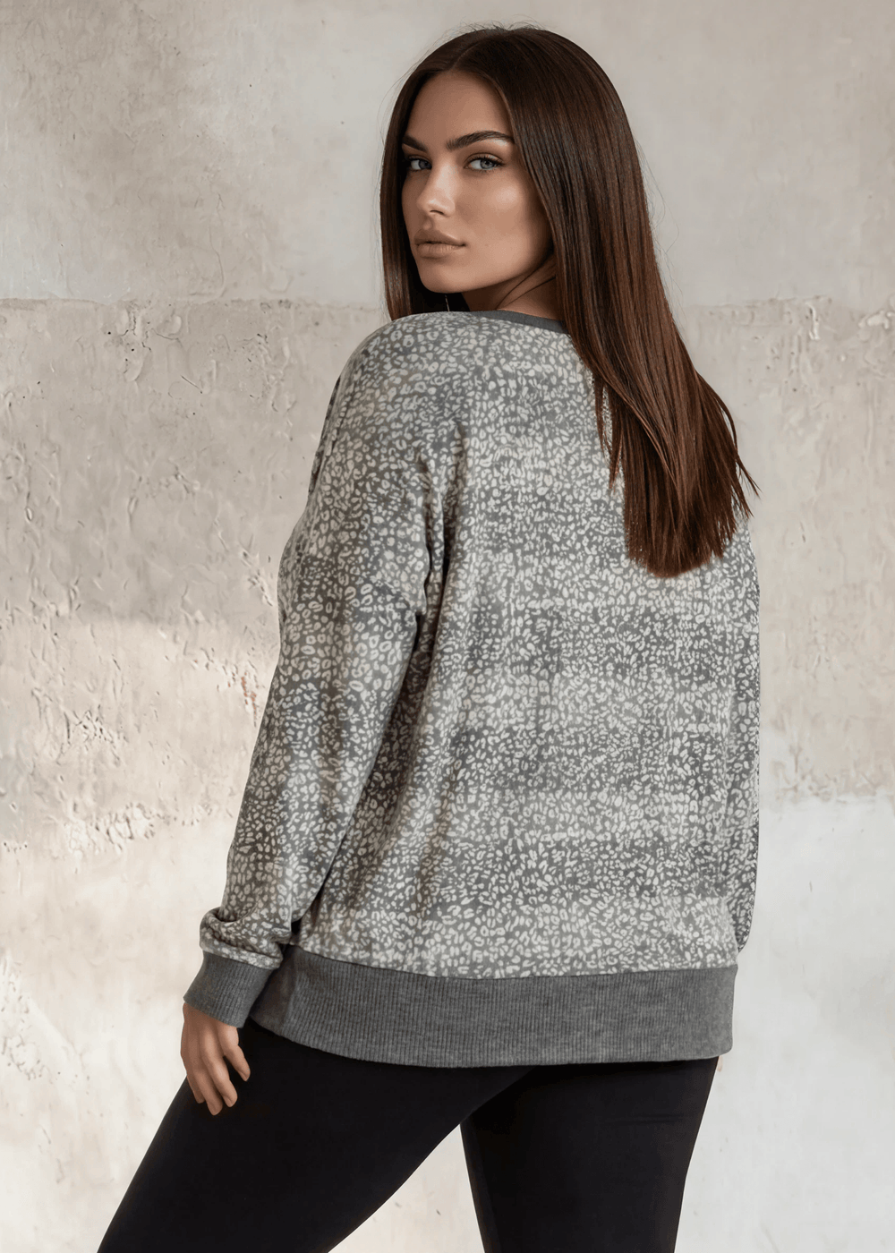 Shop this super soft mixed stripe & animal print V-neck sweater top in plus sizes 1X–3X. Relaxed fit, long sleeves, Grey or Mocha. Made in USA. Ladies Oversized Lightweight Super Soft Patterned Striped Top in Shades of Grey | Made in USA | Classy Cozy Cool Women's Made in America Clothing