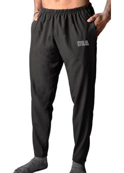 WSI Sportswear Men's Woven Training Pant in Black with USA Graphic, Made in USA, Designed for training, Zippered and secured pockets, Ankle zips 