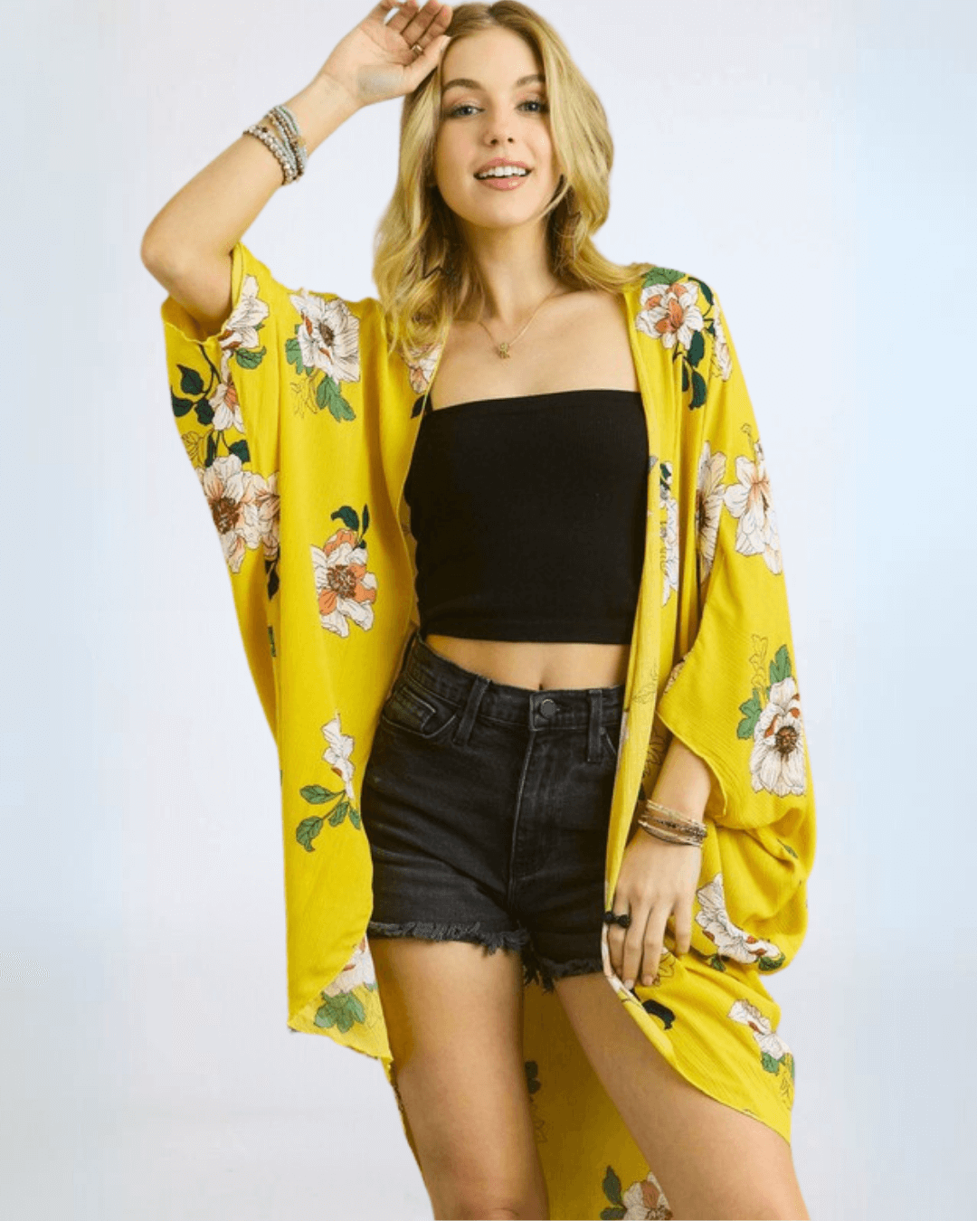 Made in USA Women's Yellow Floral Midi Length Cocoon Shape Kimono Cardigan, Open Front, 3/4 Dolman Style Slouchy Sleeves 