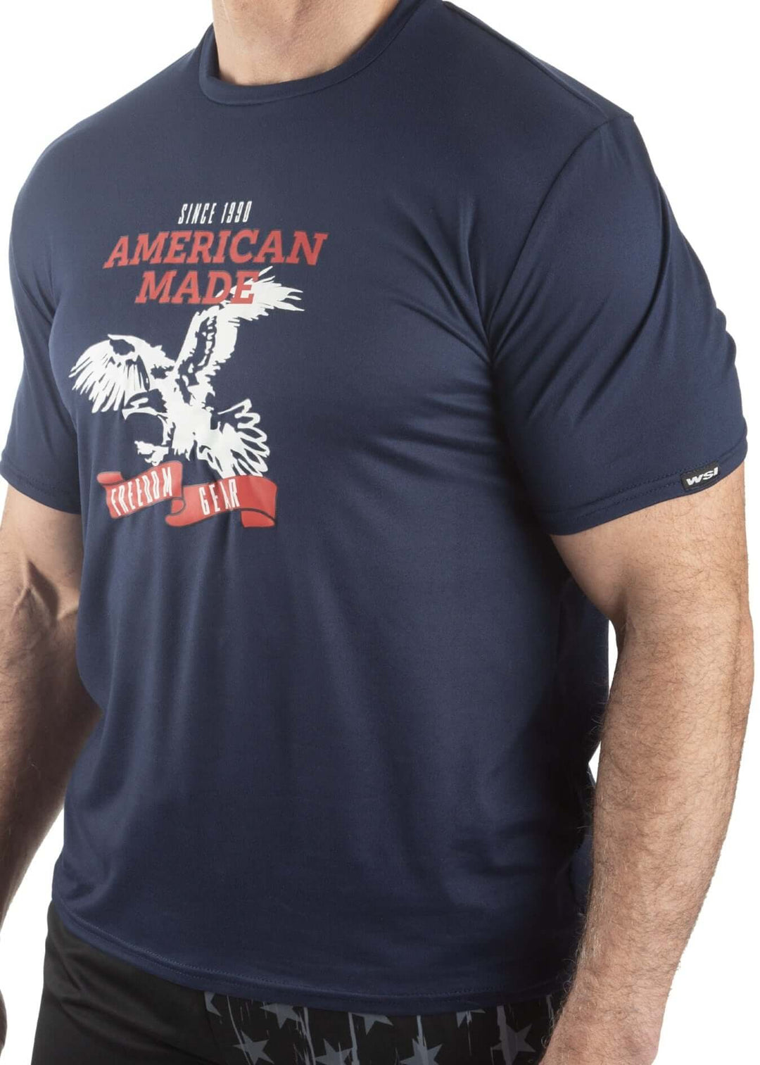 Made in USA. WSI Sportswear Men’s Patriotic American Made Graphic SoftTECH™ Tee.  Lightweight, Moisture Wicking, in Dark Gray, Light Gray or Navy