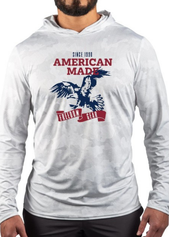 Made in USA WSI Sportswear Men’s American Made Performance Mesh White Out Sun Hoodie. Light Gray, Lightweight, Built-in Sun Protection.