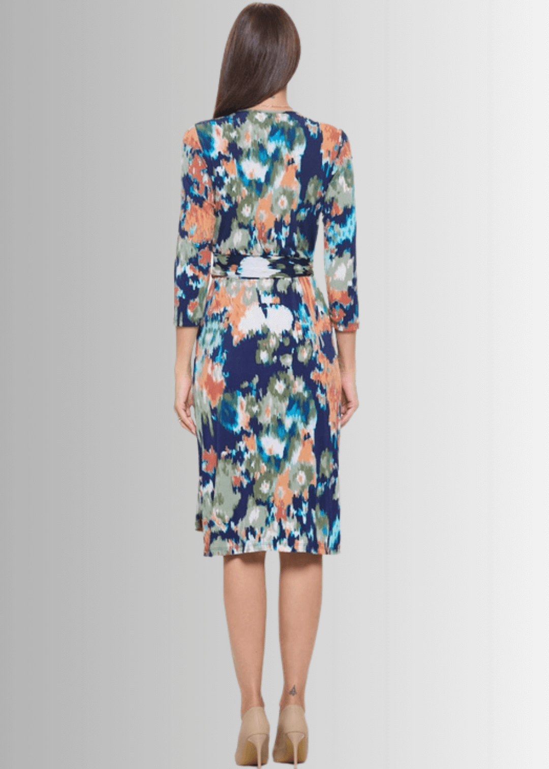 Beautiful Ladies Sienna Print Jersey Midi Wrap Dress with 3/4 Sleeves in Navy, Coral, Green, White &amp; Turquoise | Renee C. Style 4329DR4 | Proudly Made in USA | Classy Cozy Cool Clothing Boutique