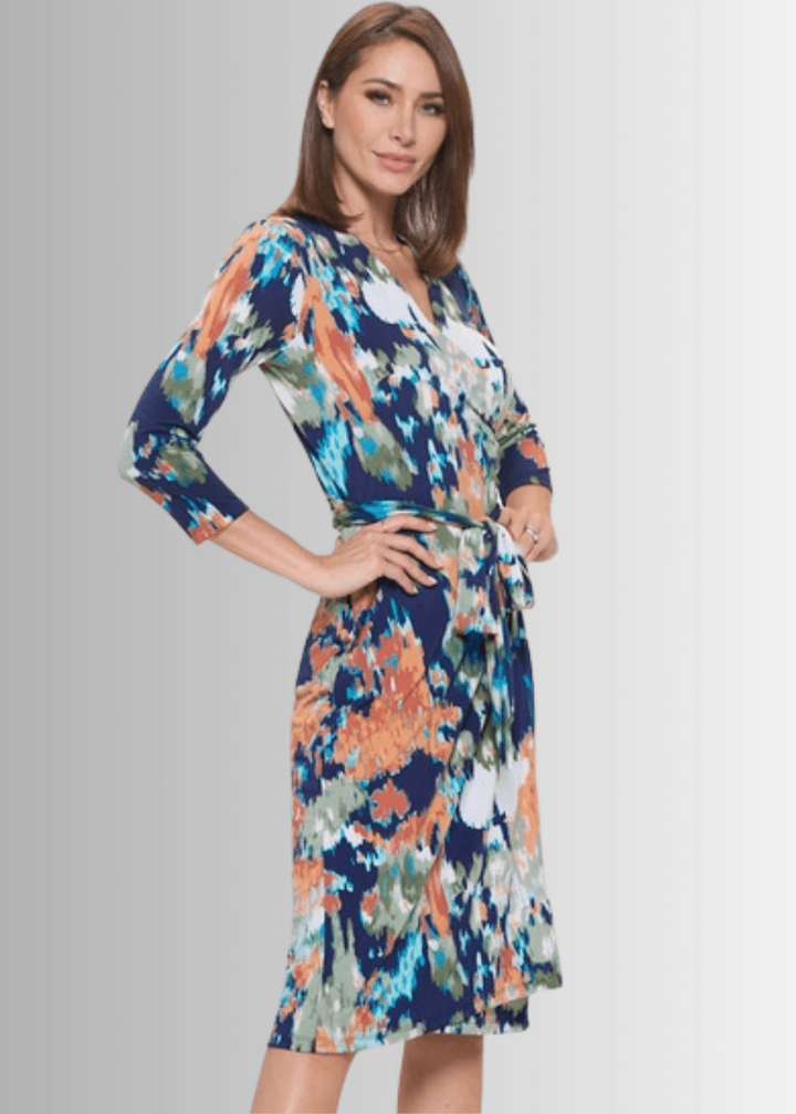 Beautiful Ladies Sienna Print Jersey Midi Wrap Dress with 3/4 Sleeves in Navy, Coral, Green, White &amp; Turquoise | Renee C. Style 4329DR4 | Proudly Made in USA | Classy Cozy Cool Clothing Boutique