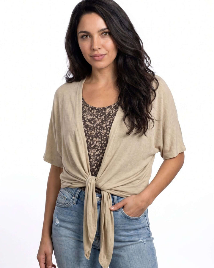 Semi-Sheer Mesh Accent Cardigan — a lightweight, open-front duster with batwing sleeves in Beige, Ivory, Gray &amp; Pink. Made in USA. 