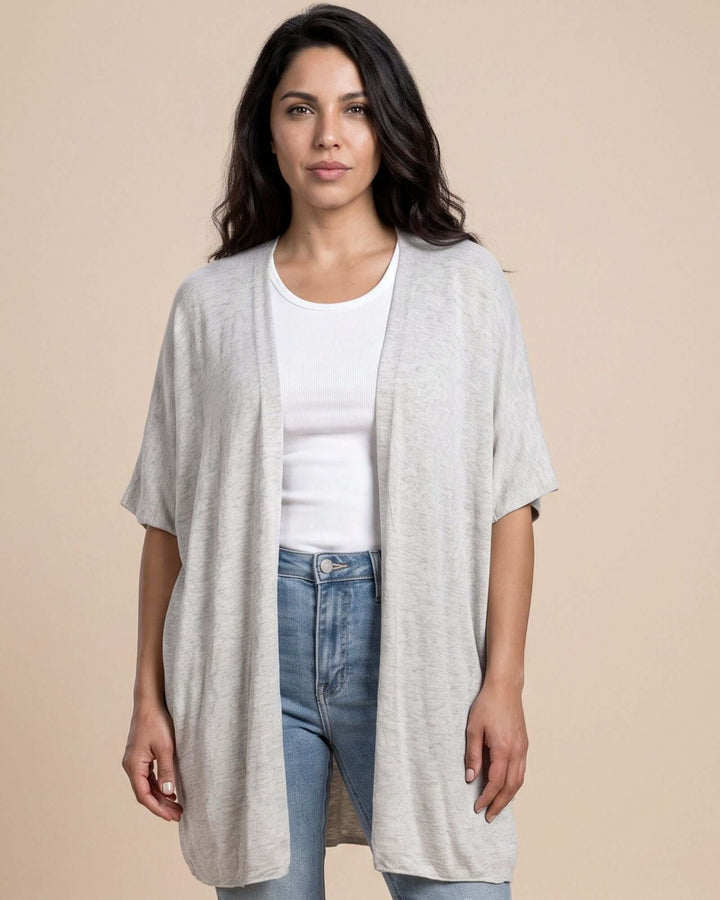 Semi-Sheer Mesh Accent Cardigan — a lightweight, open-front duster with batwing sleeves in Beige, Ivory, Gray &amp; Pink. Made in USA. 