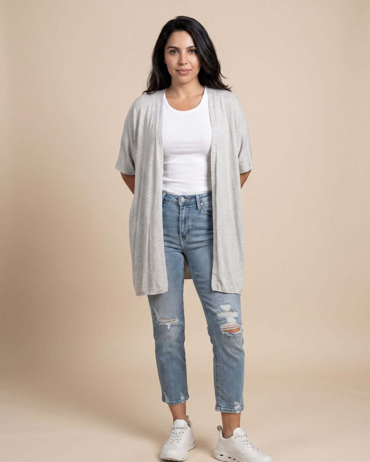 Semi-Sheer Mesh Accent Cardigan — a lightweight, open-front duster with batwing sleeves in Beige, Ivory, Gray &amp; Pink. Made in USA. 