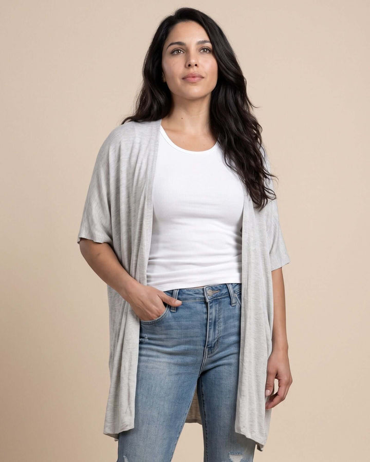 Semi-Sheer Mesh Accent Cardigan — a lightweight, open-front duster with batwing sleeves in Beige, Ivory, Gray &amp; Pink. Made in USA. 
