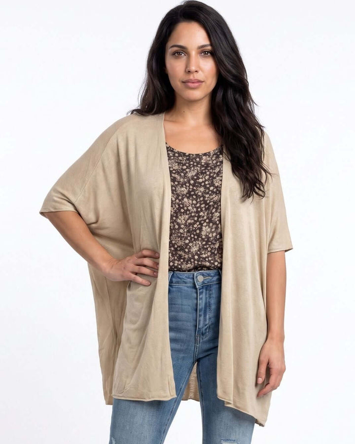 Semi-Sheer Mesh Accent Cardigan — a lightweight, open-front duster with batwing sleeves in Beige, Ivory, Gray &amp; Pink. Made in USA. 