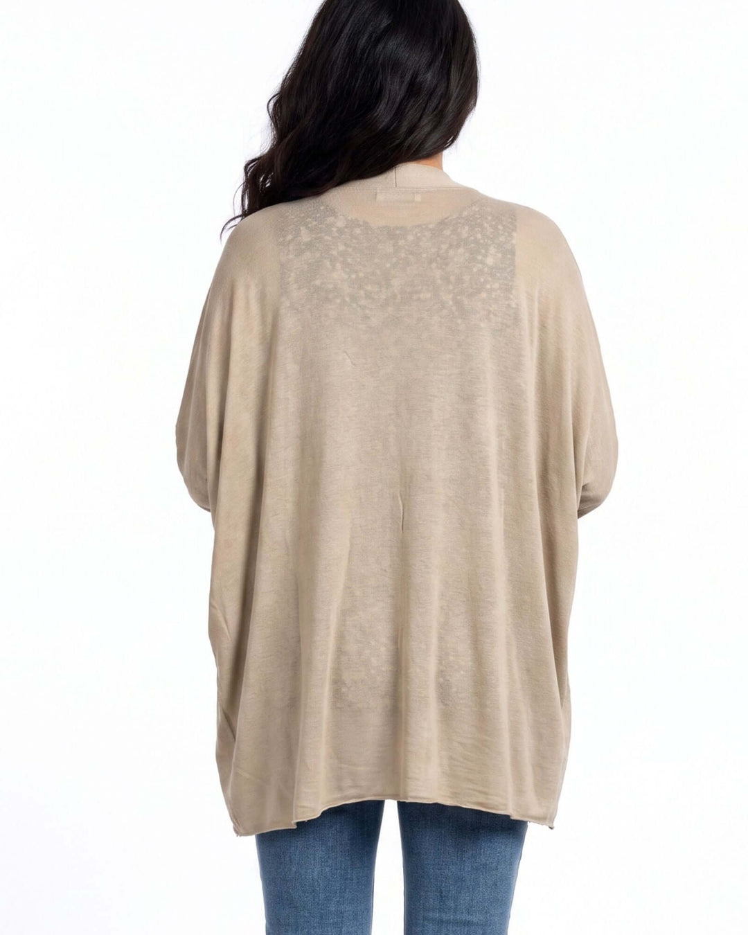 Semi-Sheer Mesh Accent Cardigan — a lightweight, open-front duster with batwing sleeves in Beige, Ivory, Gray &amp; Pink. Made in USA. 