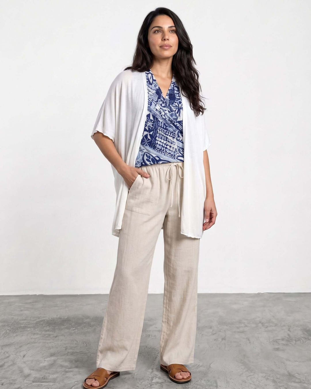 Semi-Sheer Mesh Accent Cardigan — a lightweight, open-front duster with batwing sleeves in Beige, Ivory, Gray &amp; Pink. Made in USA. 