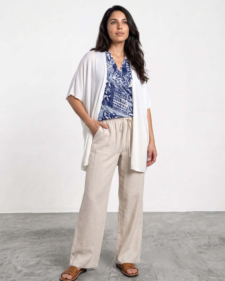 Semi-Sheer Mesh Accent Cardigan — a lightweight, open-front duster with batwing sleeves in Beige, Ivory, Gray &amp; Pink. Made in USA. 