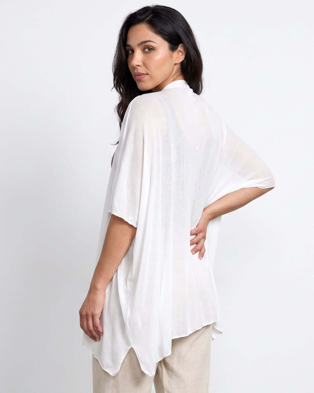 Semi-Sheer Mesh Accent Cardigan — a lightweight, open-front duster with batwing sleeves in Beige, Ivory, Gray &amp; Pink. Made in USA. 