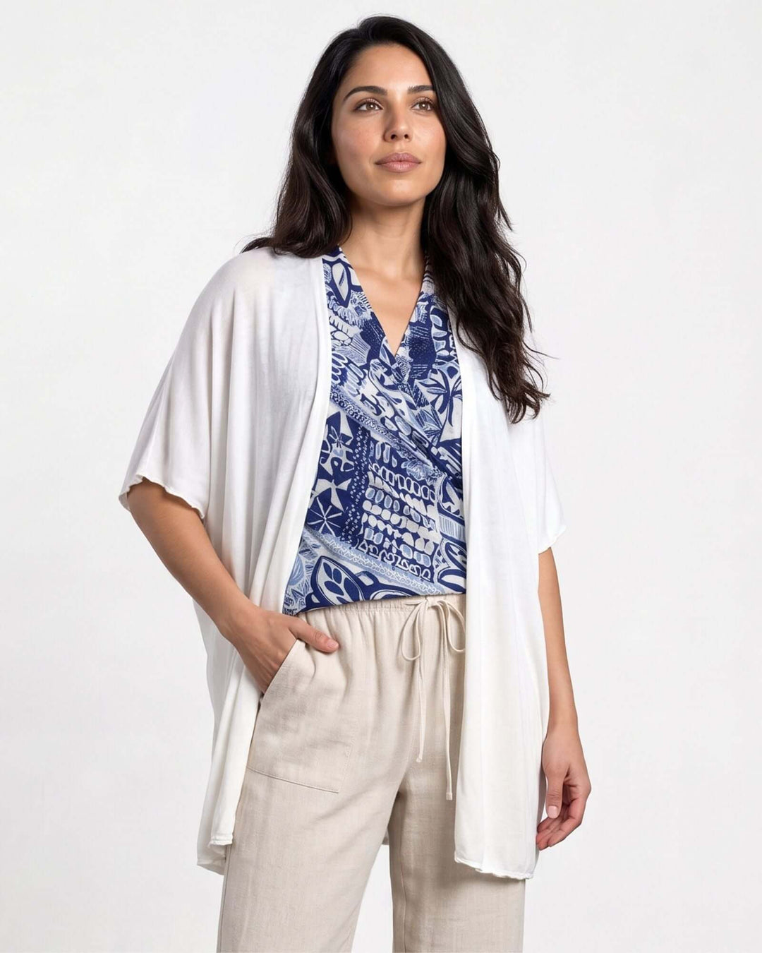 Semi-Sheer Mesh Accent Cardigan — a lightweight, open-front duster with batwing sleeves in Beige, Ivory, Gray &amp; Pink. Made in USA. 