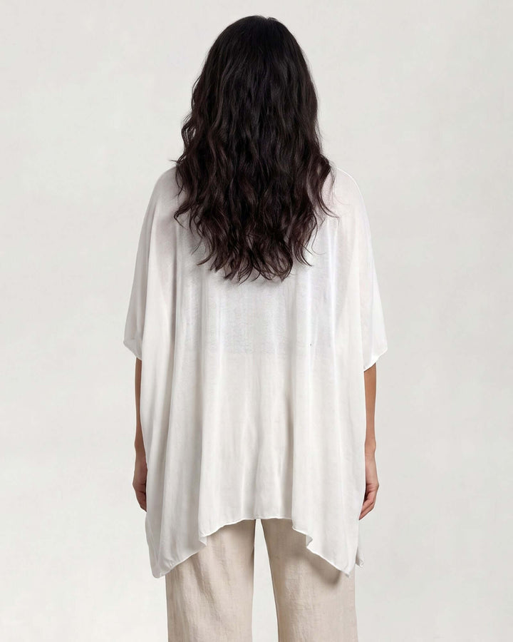 Semi-Sheer Mesh Accent Cardigan — a lightweight, open-front duster with batwing sleeves in Beige, Ivory, Gray &amp; Pink. Made in USA. 