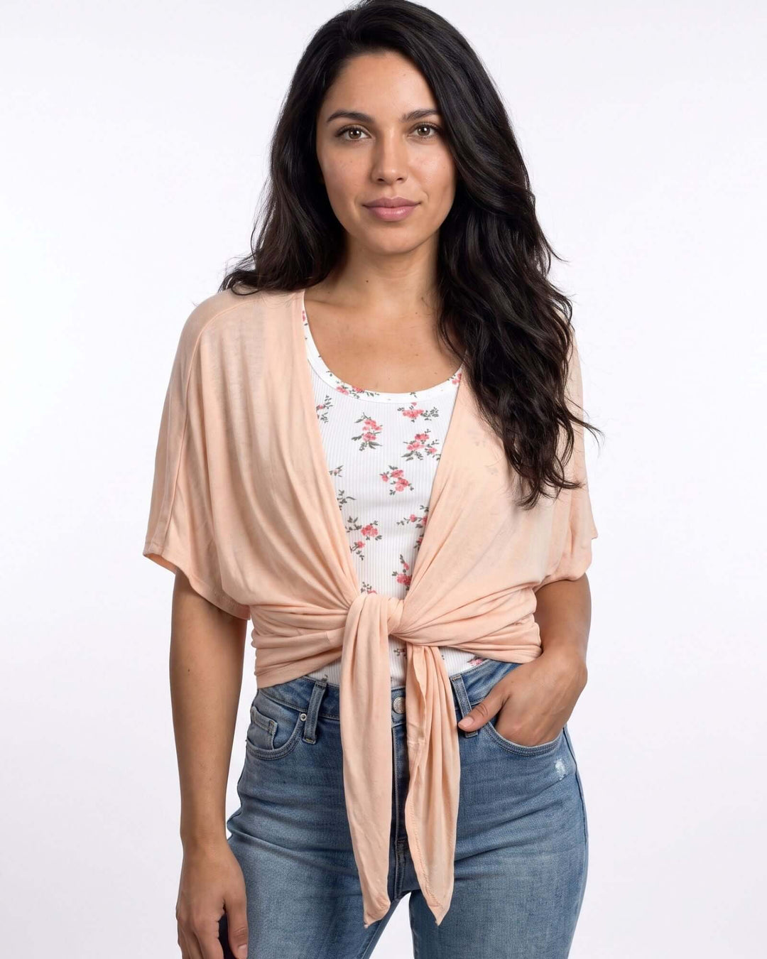 Semi-Sheer Mesh Accent Cardigan — a lightweight, open-front duster with batwing sleeves in Beige, Ivory, Gray &amp; Pink. Made in USA. 