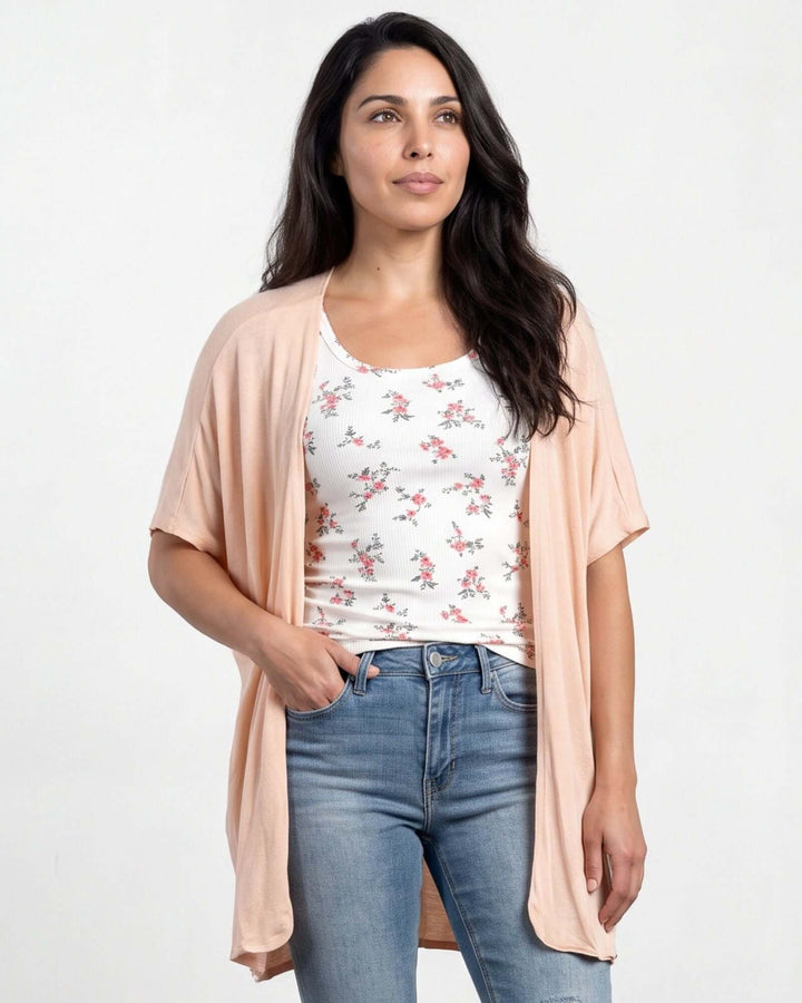 Semi-Sheer Mesh Accent Cardigan — a lightweight, open-front duster with batwing sleeves in Beige, Ivory, Gray &amp; Pink. Made in USA. 