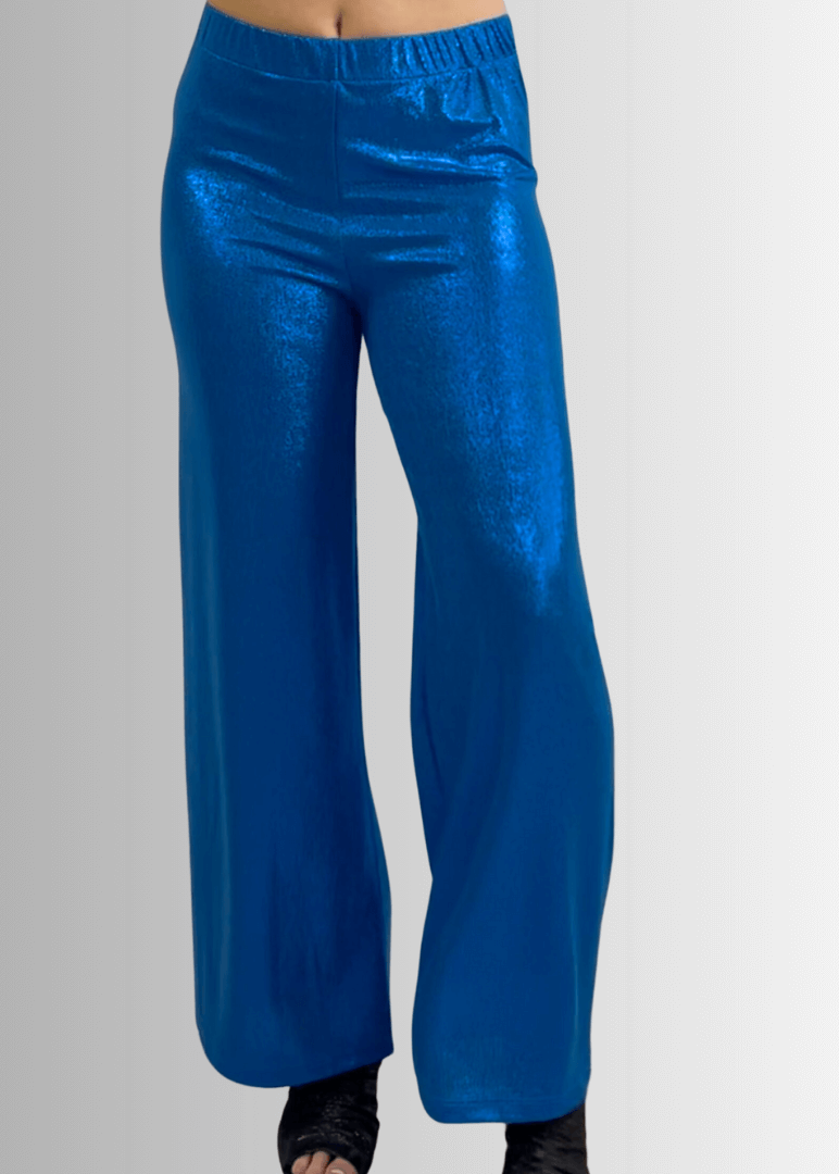 USA Made Women's Metallic Blue Areum Glamorous Pants Perfect for Holiday Party | Brand: If She Loves Style# ISP1248R | Classy Cozy Cool Women's Made in America Boutique