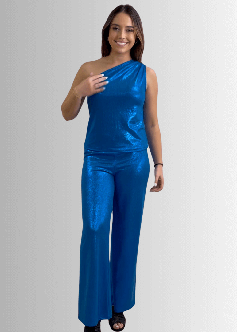 USA Made Women's One Shoulder Metallic Blue Areum Glamorous Top | Brand: If She Loves Style# IST1311 | Classy Cozy Cool Women's Made in America Boutique