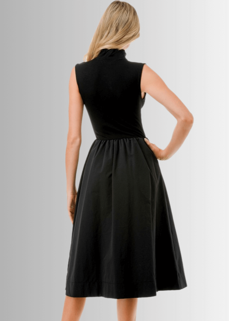 Made in USA Women's Classic Silhouette Sleeveless Fit & Flare Black Midi Dress with High Neck, Zip up Neckline and Pockets | Classy Cozy Cool Made in America Boutique