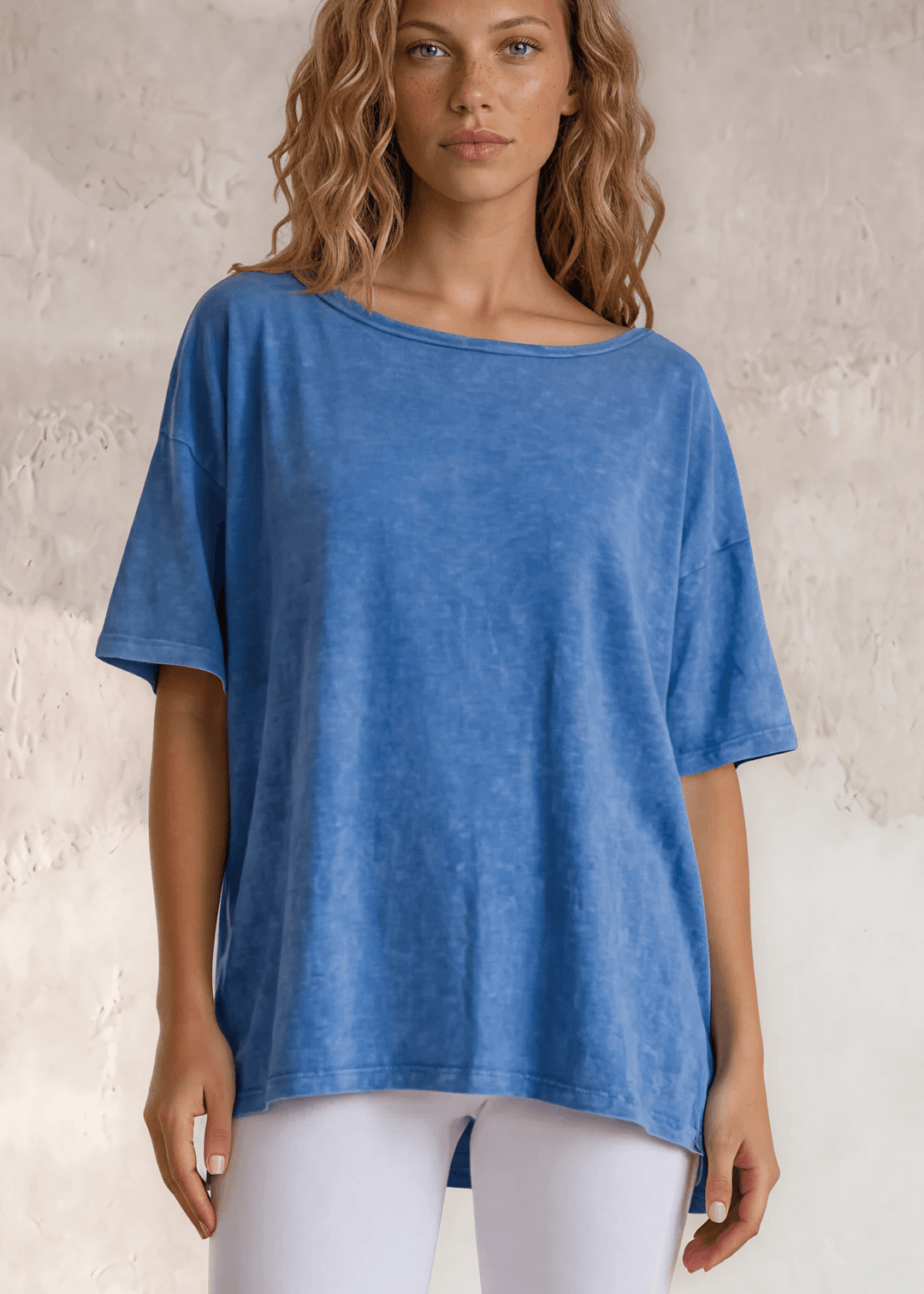 Made in USA, Women's Mineral Washed Slouchy Oversized Tee, 30"s Cotton Slub Material, Color: Denim Blue, Wide Round Neck, Back Raw Edge Detail, Side S