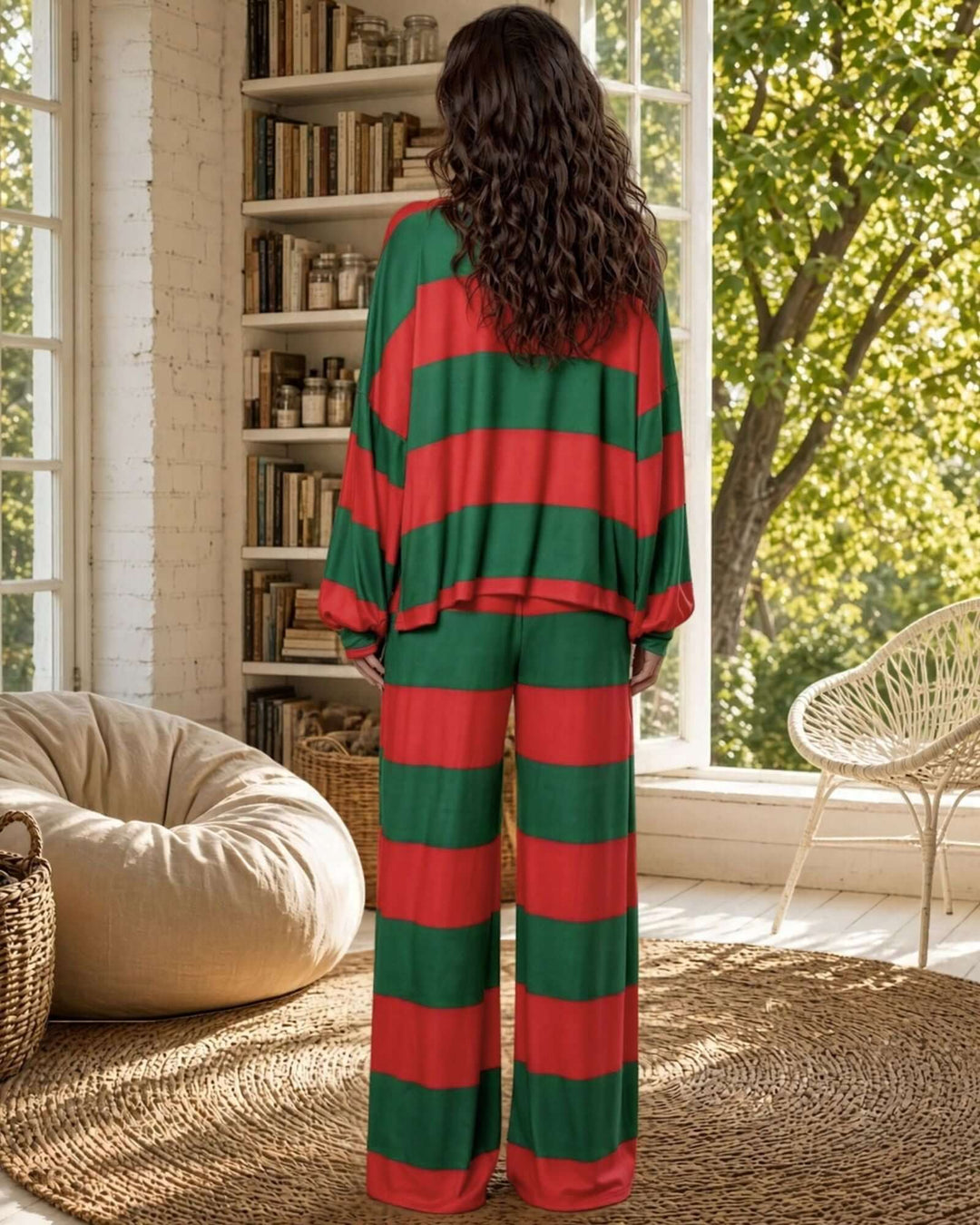 Made in USA women’s festive Christmas pajama set with bold red and deep green horizontal stripes, a loose-fitting long-sleeve crewneck top with dropped shoulders and cuffed sleeves, and matching flowing drawstring pants with gently flared legs.

