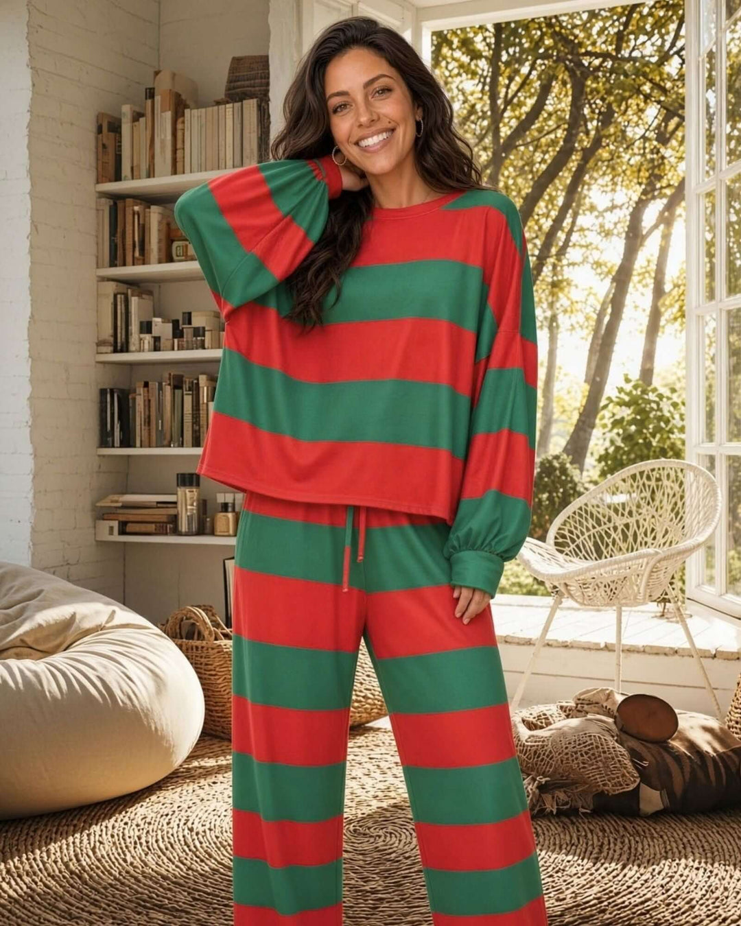 Made in USA women’s festive Christmas pajama set with bold red and deep green horizontal stripes, a loose-fitting long-sleeve crewneck top with dropped shoulders and cuffed sleeves, and matching flowing drawstring pants with gently flared legs.

