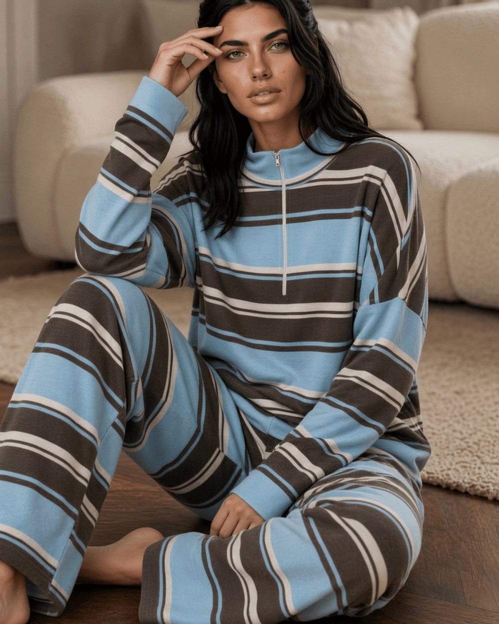 Made in USA. Shop the women's Azure & Ash striped lounge set with a relaxed quarter-zip pullover and wide-leg pants in blue, brown and cream. Soft knit comfort.