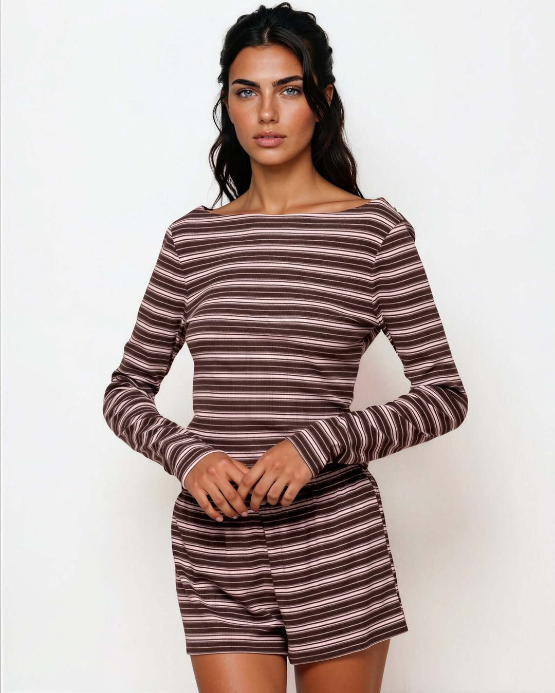Made in USA women's brown, pink, and cream striped two-piece set with long sleeve boat neck top and elastic-waist shorts, front view