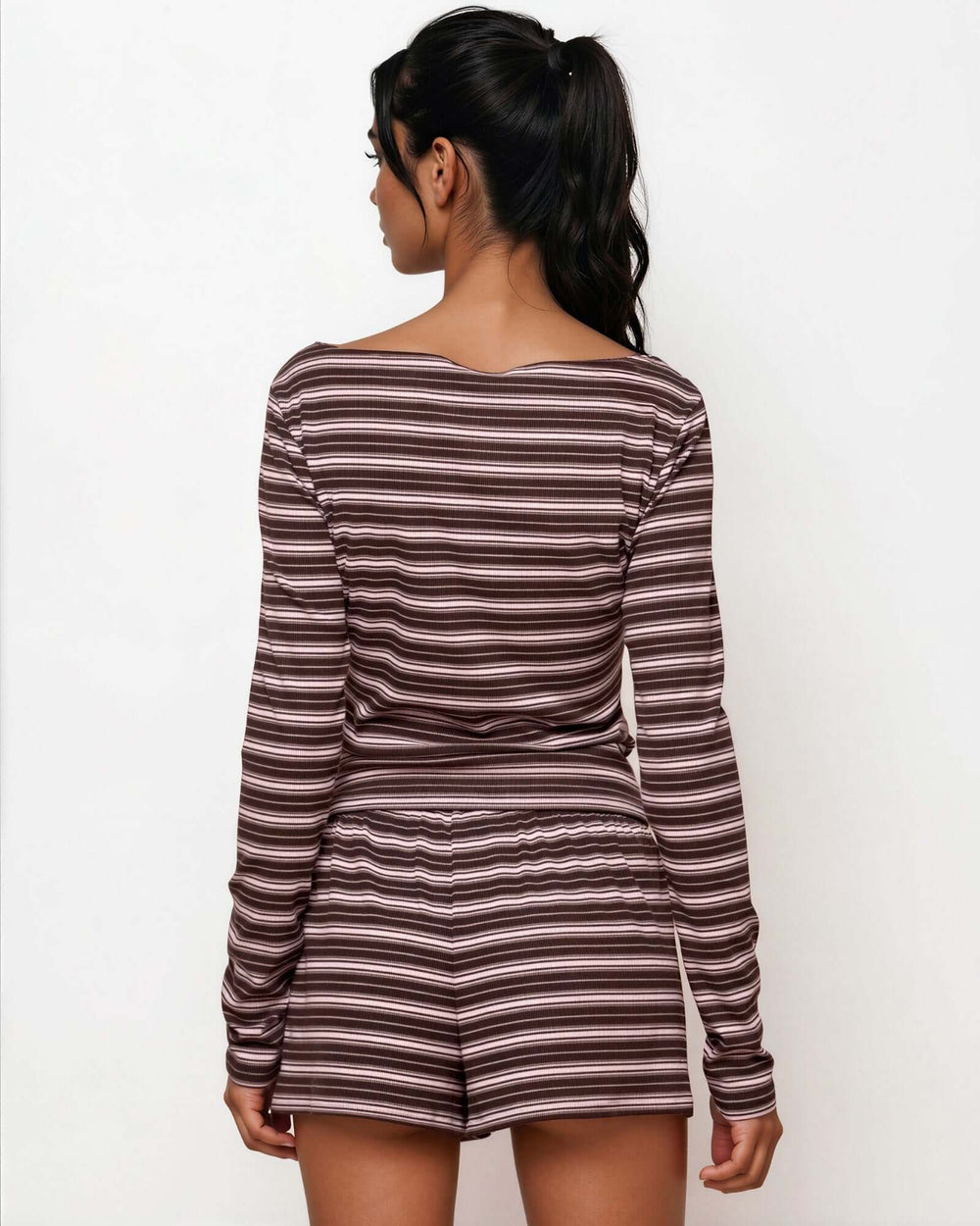 Made in USA women's brown, pink, and cream striped two-piece set with long sleeve boat neck top and elastic-waist shorts, back view