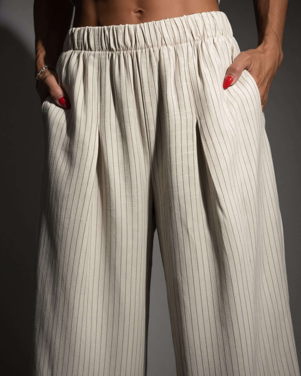 Made in USA Avery women's high-rise wide leg pinstripe pant in ivory. Business, Business Casual,  Elastic waist, pleated front, full length. 85% rayon, 15% linen.. Sizes S–L.
