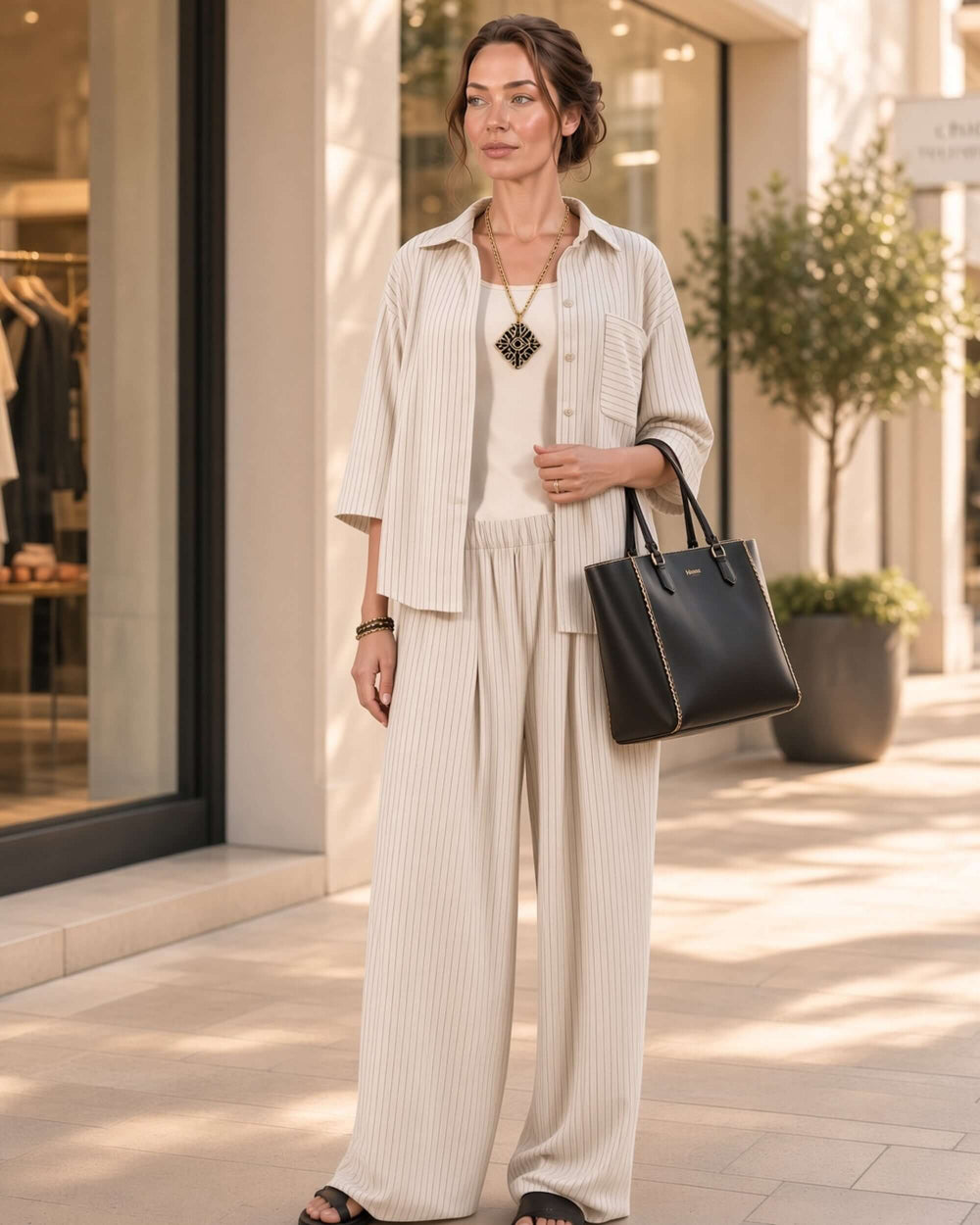 Made in USA Avery women's high-rise wide leg pinstripe pant in ivory. Business, Business Casual,  Elastic waist, pleated front, full length. 85% rayon, 15% linen.. Sizes S–L.