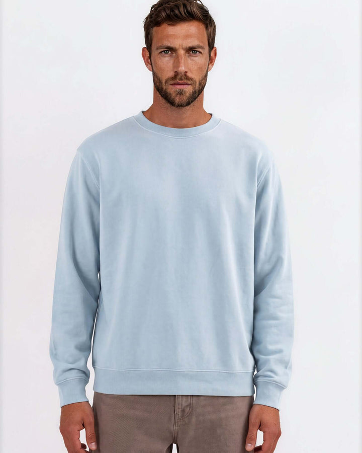 Made in USA vintage pigment dyed fleece crew sweatshirt in Bluestone with ribbed crew neck, cuffs, and hem - front view