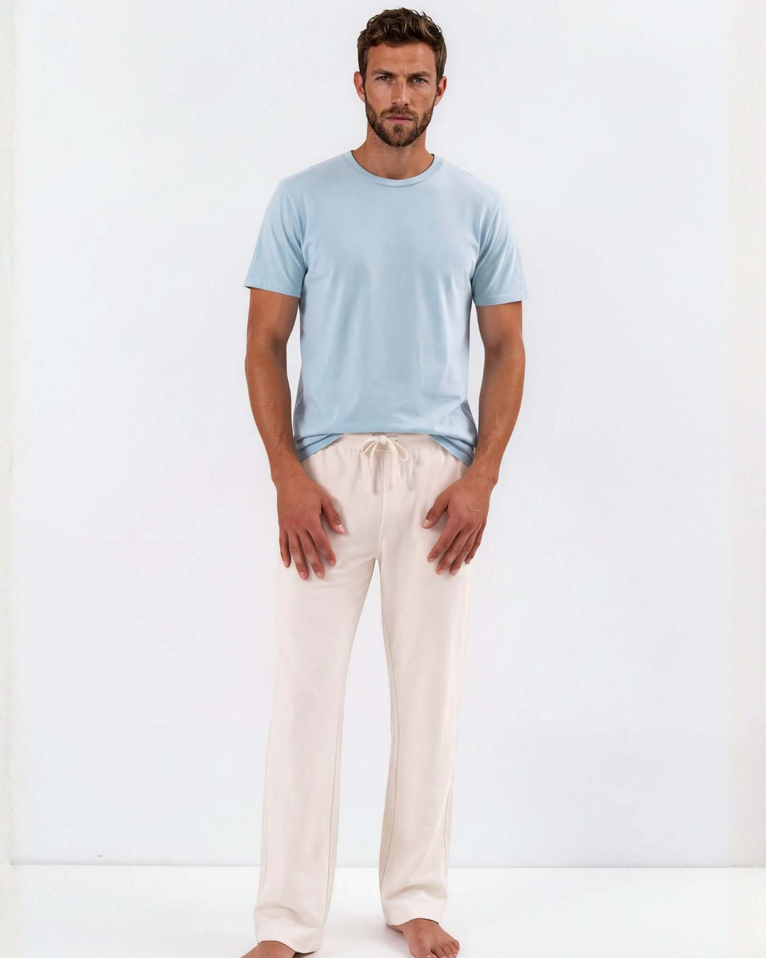 Made in USA Vintage Pigment Dyed Softest Tee - Bluestone: full-length front view of light blue tee on male model