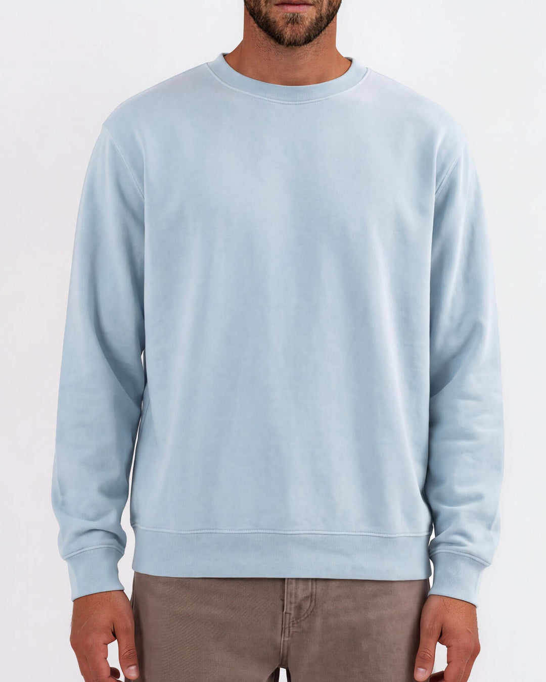 Made in USA vintage pigment dyed fleece crew sweatshirt in Bluestone with ribbed crew neck, cuffs, and hem