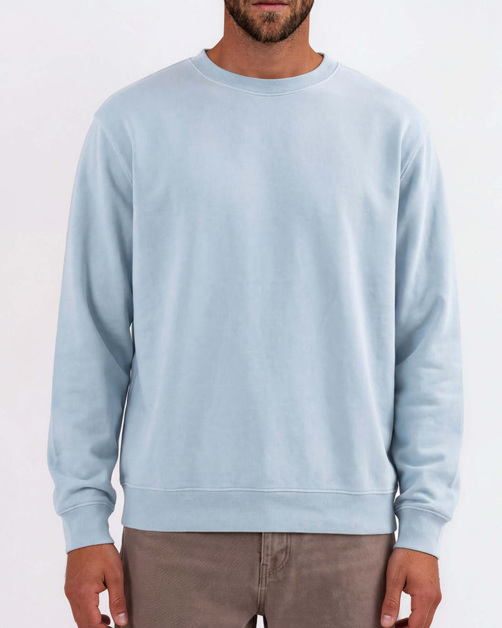 Made in USA vintage pigment dyed fleece crew sweatshirt in Bluestone with ribbed crew neck, cuffs, and hem