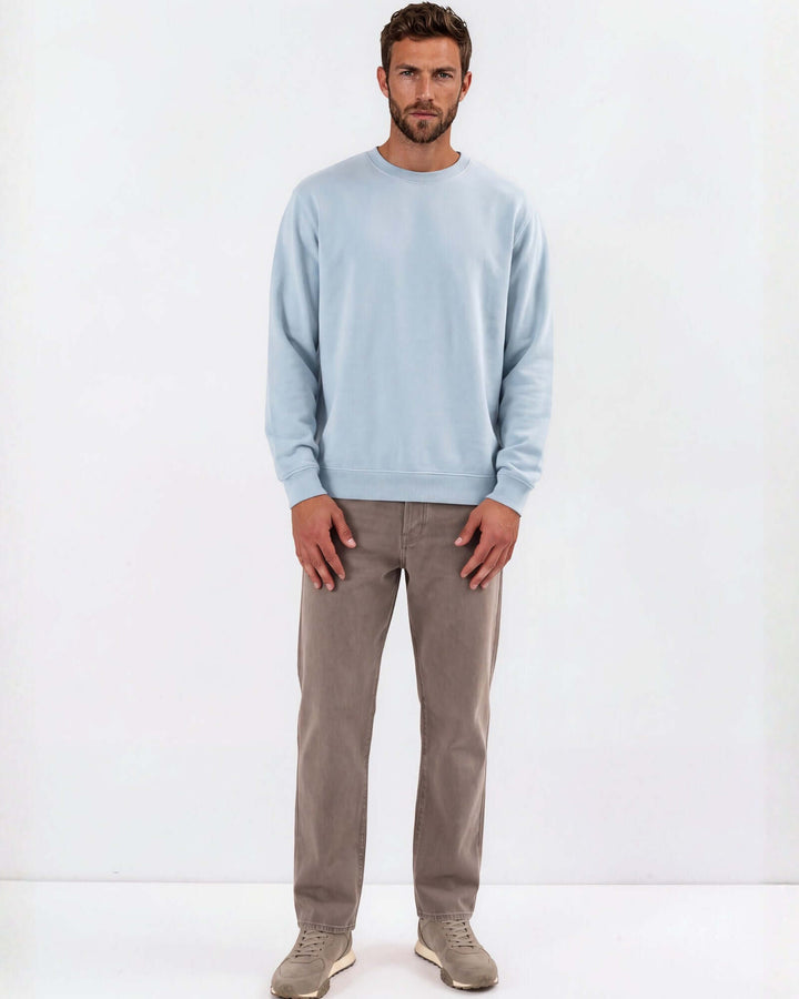 Made in USA vintage pigment dyed fleece crew sweatshirt in Bluestone with ribbed crew neck, cuffs, and hem