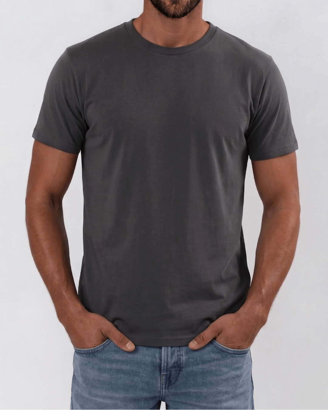 Men's classic charcoal grey crew neck tee made in USA with 100% USA-grown pre-shrunk cotton. Semi-fitted, super soft, 4.2 oz. Sizes S–3XL.