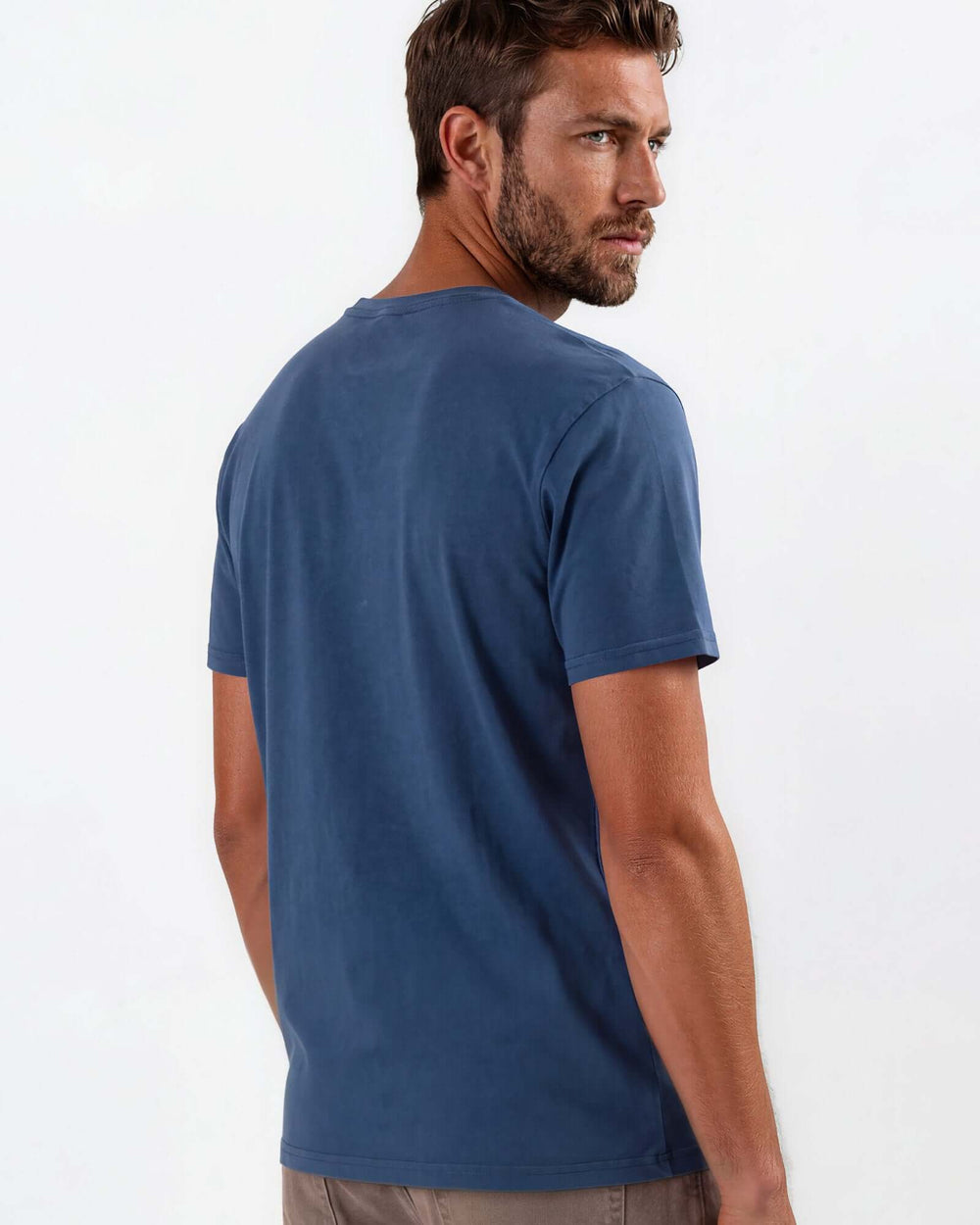 Made in USA Vintage Pigment Dyed Softest Tee - Blue Steel: back and side view of denim blue tee on male model