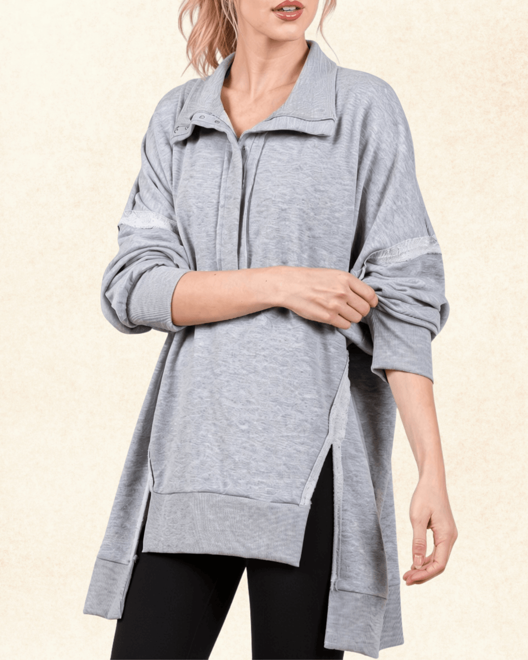 Made in USA Women's Snap Collar High Low Oversized Slouchy Tunic Sweatshirt with Side Slits Available in Sage Green and Heather Gray | Classy Cozy Cool Made in USA Boutique