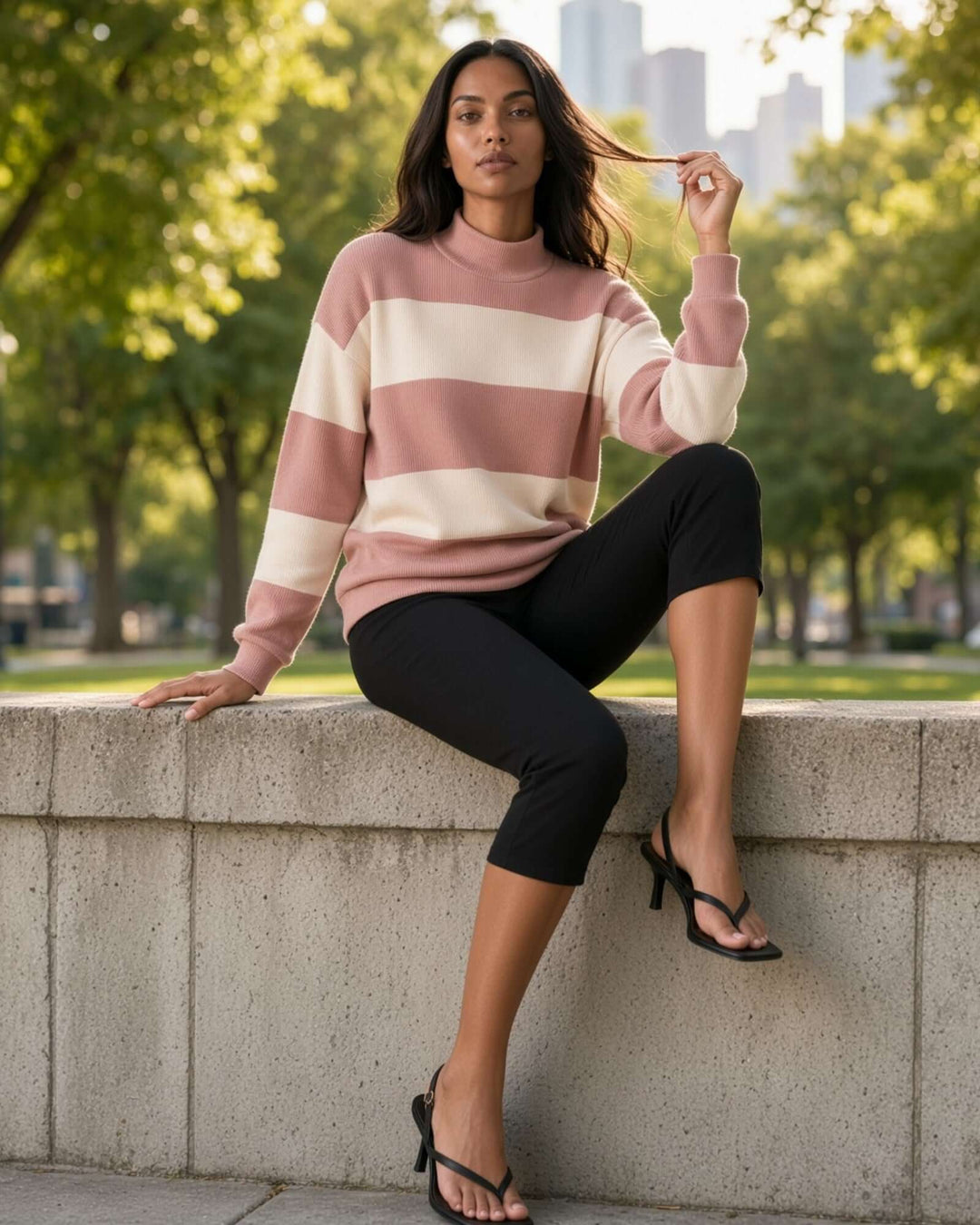 Made in USA black below-the-knee capri pants with side zipper and sleek fitted silhouette
