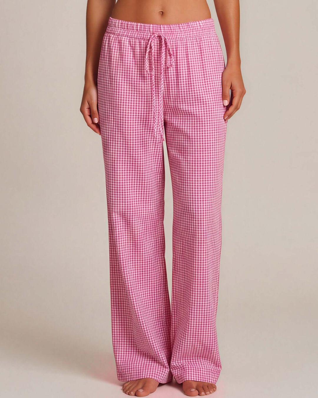 Made in USA women's fuchsia and white gingham straight-leg pajama pants with elastic waist and drawstring, front view