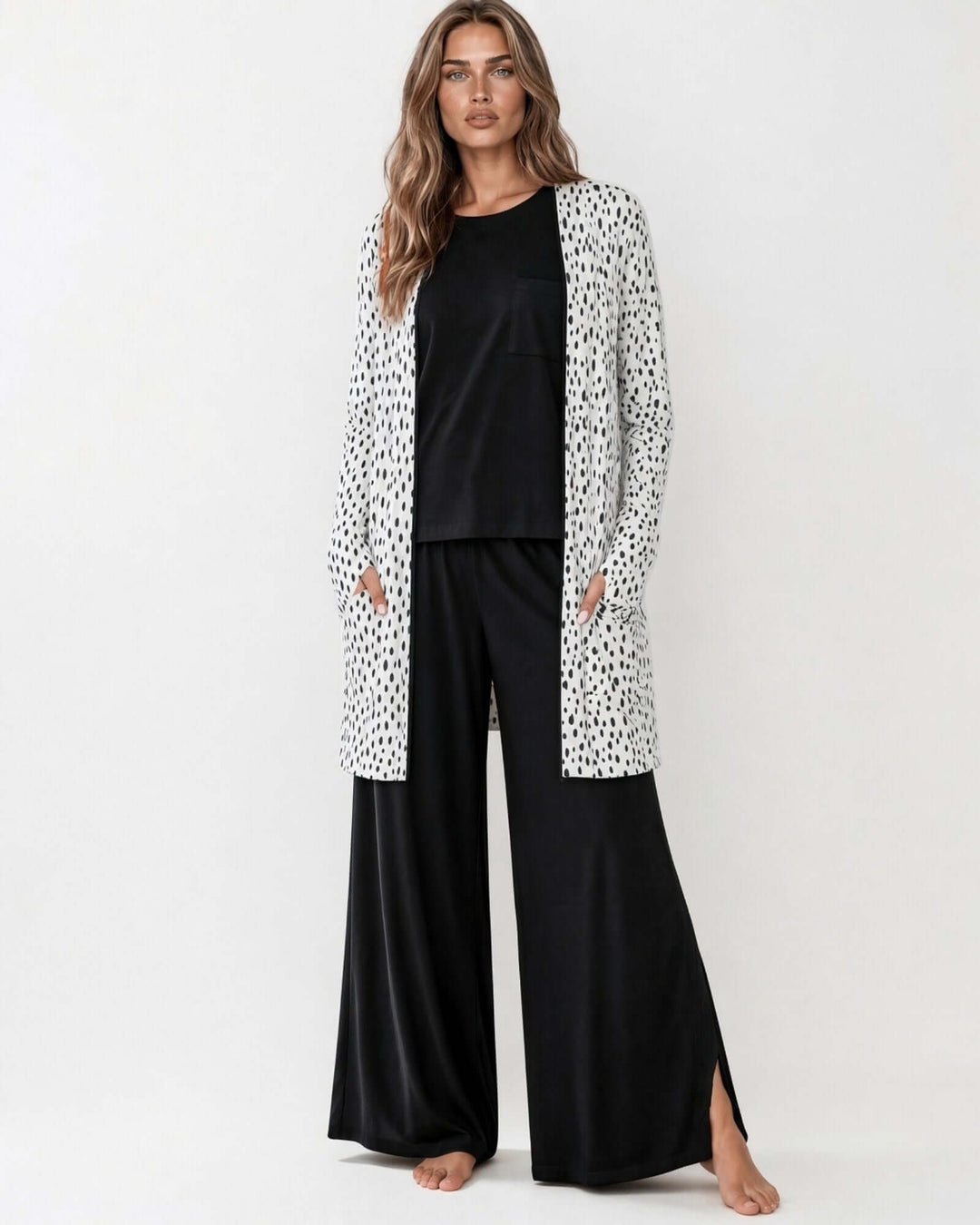 Made in USA Dolly Dot Print Cardigan: full-length look over black top and wide leg pants