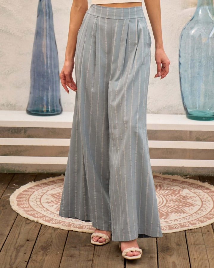 Made in USA blue gray pinstripe wide leg pants with smocked back waist, front pleats, and side pockets