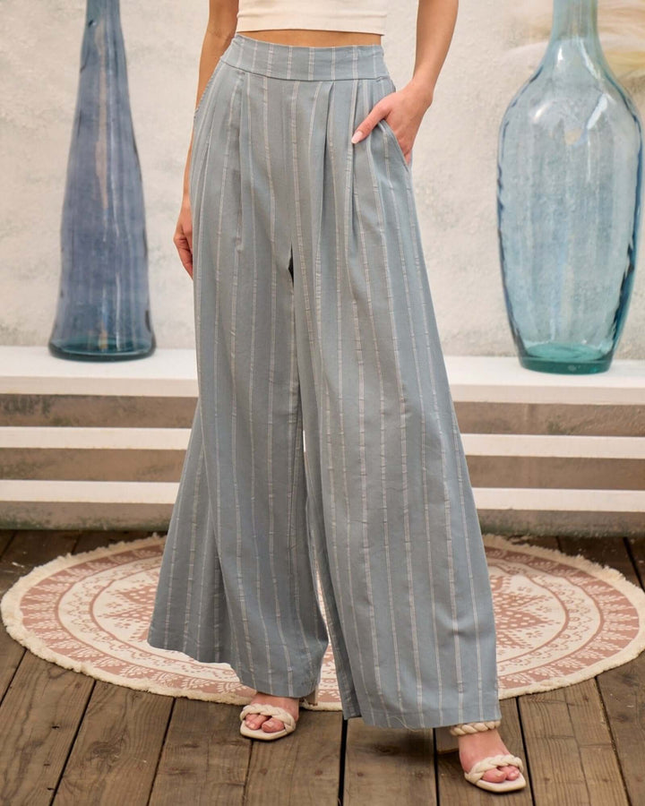 Made in USA blue gray pinstripe wide leg pants with smocked back waist, front pleats, and side pockets