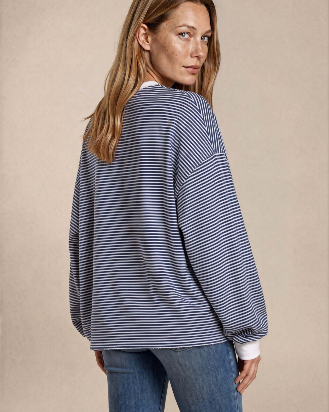 Made in USA Sunday Stroll Loose Fit Stripe Tunic - Navy: back and side view showing relaxed fit and white cuffs