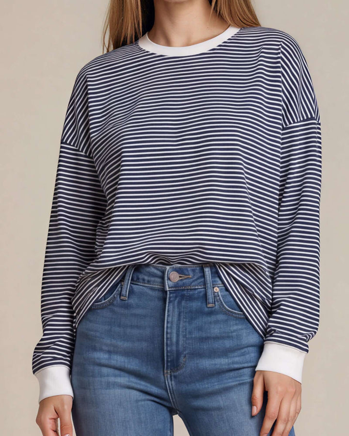Made in USA Sunday Stroll Loose Fit Stripe Tunic - Navy: close-up of thin navy stripes, white neckline and cuffs