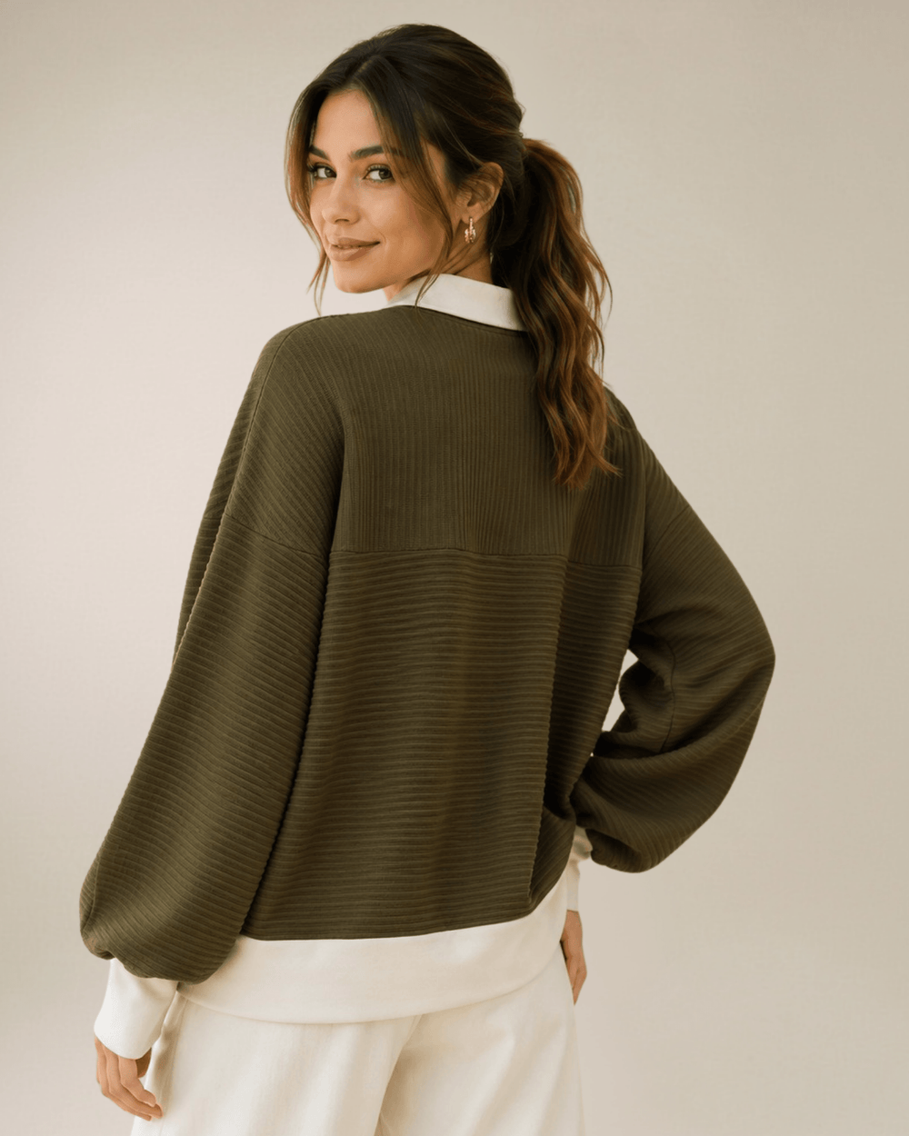 Made in USA. Women's Cabin Crew dark olive varsity pullover with contrast collar, kangaroo pocket & cozy textured fabric. Relaxed fit. Sizes S-L.