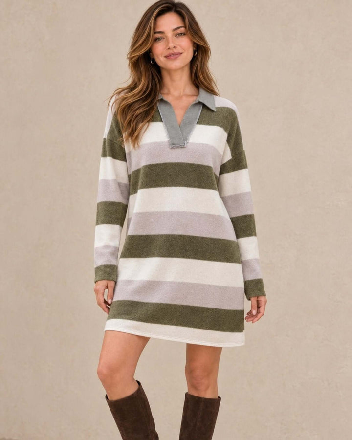 Made in USA Olivia Olive Striped Collared Mini Dress: full-length front view with brown knee boots