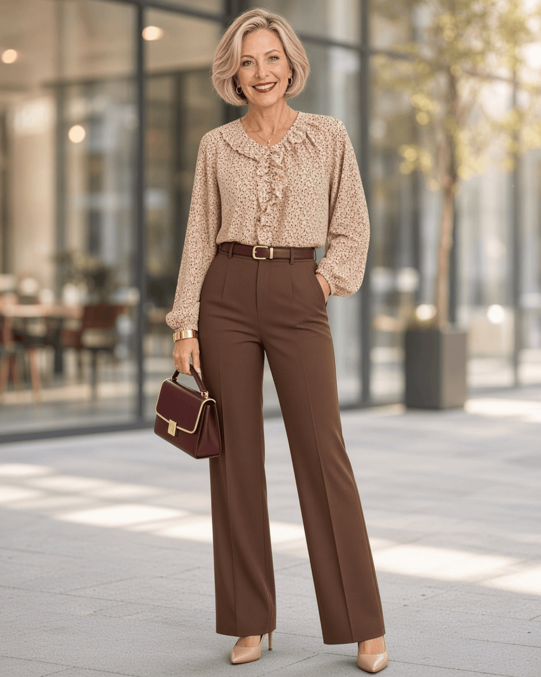 Made in USA. Renee cream botanical print blouse with a ruffled V-neck, balloon sleeves and bubble hem. Lightweight woven style for casual or dressy days.